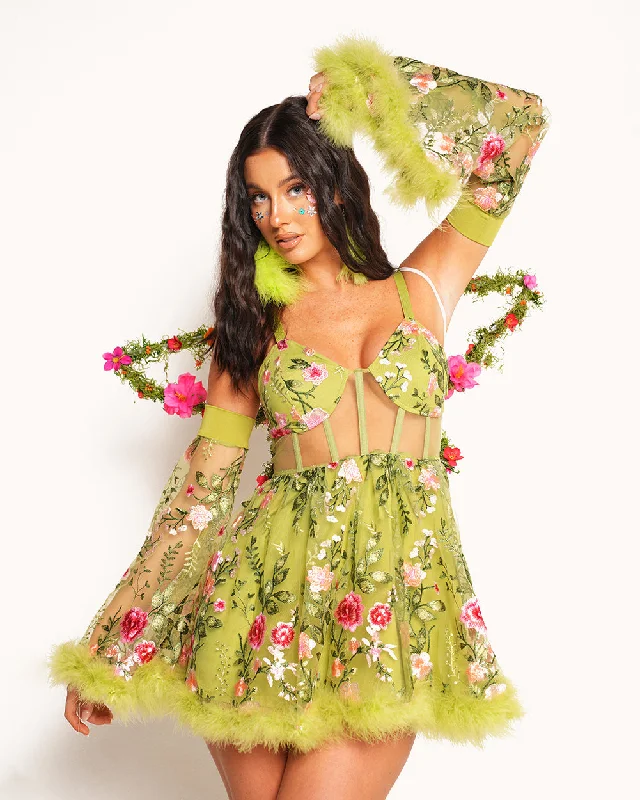 Whimsical Woodland Floral Dress Set - Green/Pink