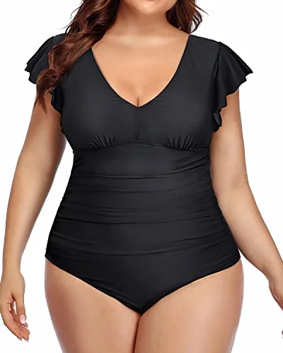 One Piece Tummy Control Ruffle Swimsuits Plus Size Swimwear For Women-Black